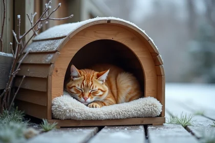Abri chat extérieur en bois avec un chat roux endormi sur une couverture polaire par une nuit froide d'hiver