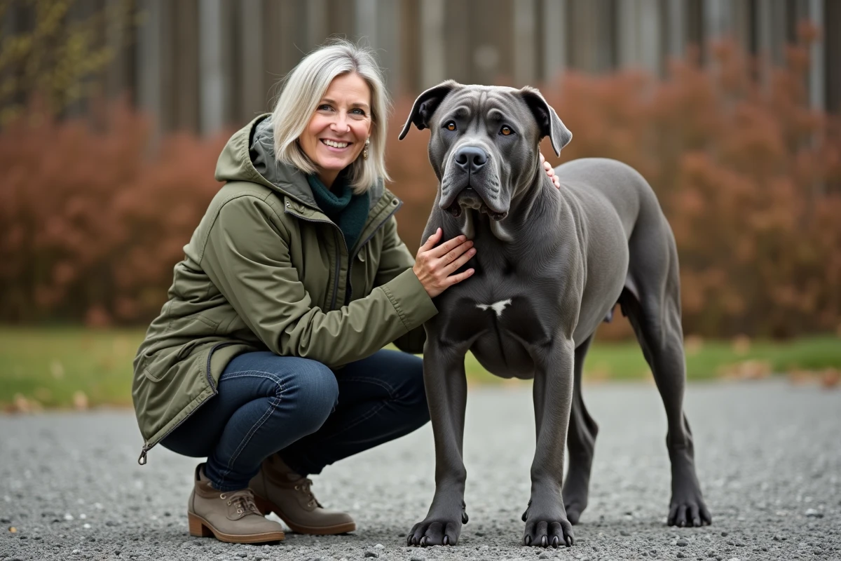 Une femme d'âge moyen interagissant avec un Cane Corso bleu adulte dans une cour extérieure de refuge, lors d'une séance d'adoption