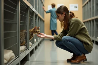 Femme adoptant un chat roux dans un refuge animalier sérieux à Lyon, interaction douce et naturelle entre l'humain et l'animal