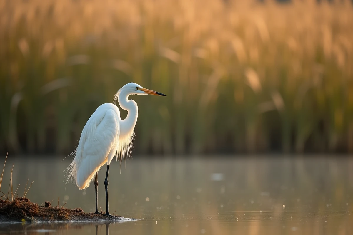 Grande aigrette blanche au bord d'un lac marécageux à l'aube, symbole de pureté et d'élégance dans la symbolique des oiseaux blancs