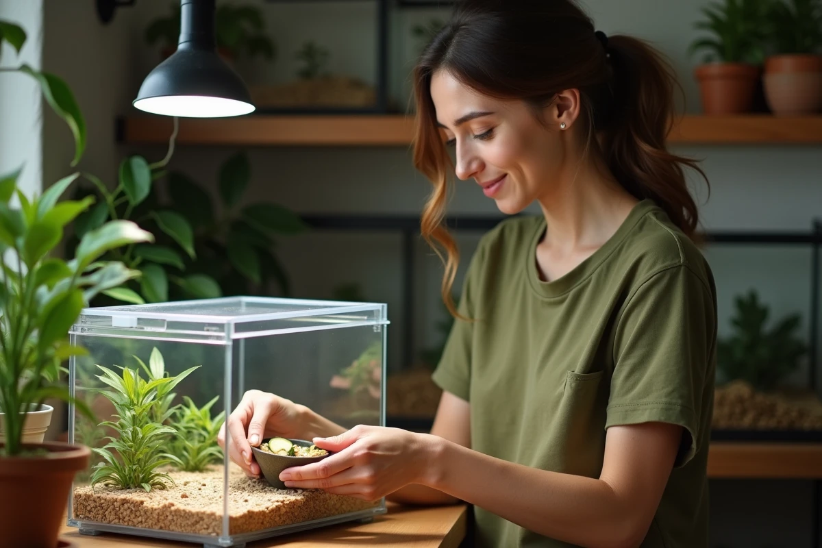 Femme nourrissant des grillons avec un mélange de légumes et céréales dans un terrarium domestique