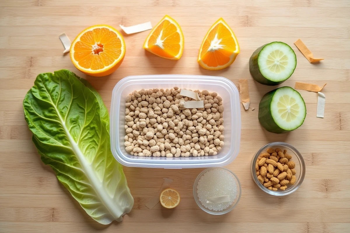 Assortiment d'aliments recommandés pour nourrir les grillons en terrarium vus de dessus