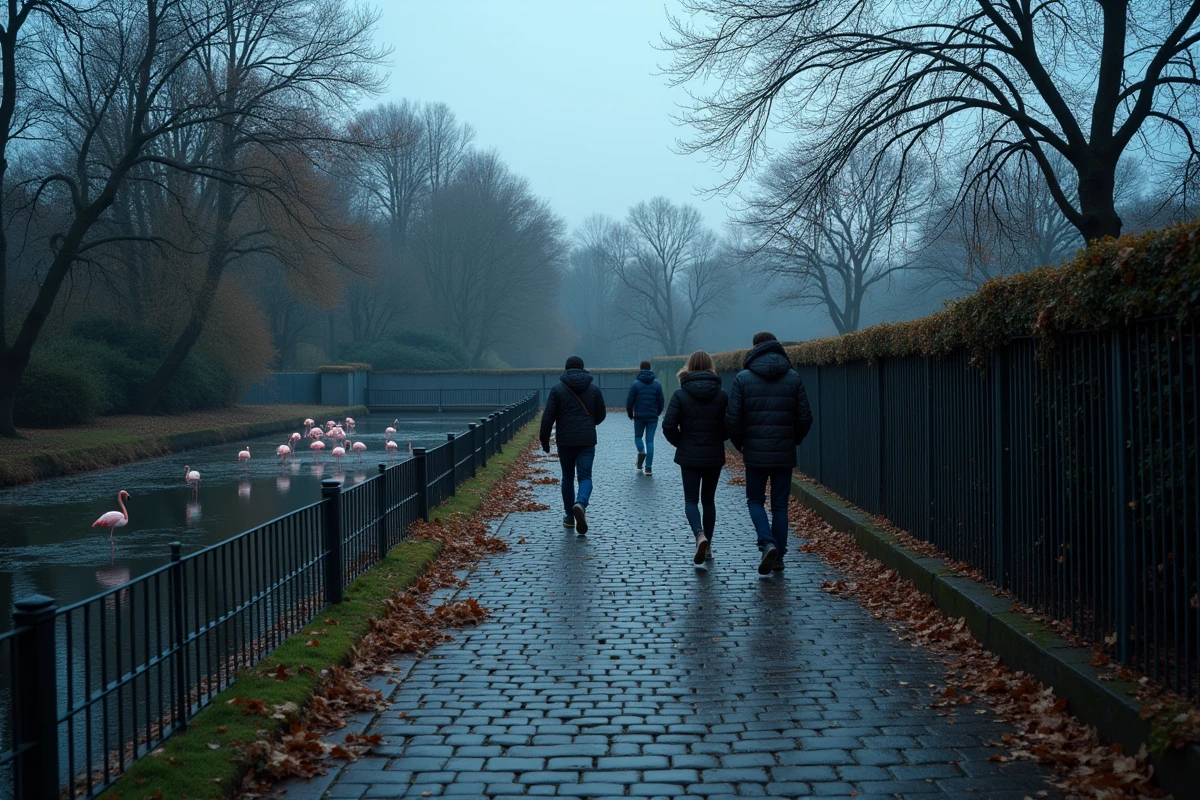 Allée du parc animalier de Strasbourg en fin d'après-midi avec des visiteurs se promenant près de l'enclos des flamants roses