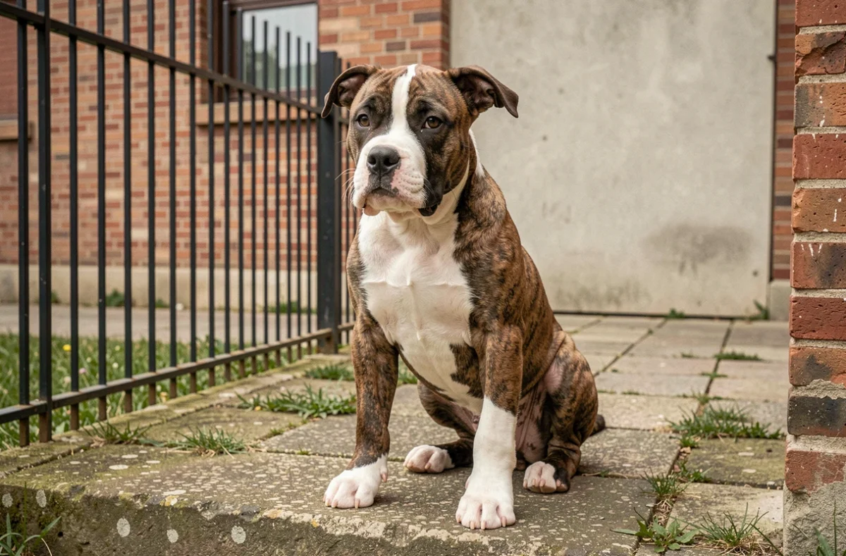 Chiot American Staffordshire Terrier bringé assis sur un perron en pierre à l'élevage d'Aubervilliers