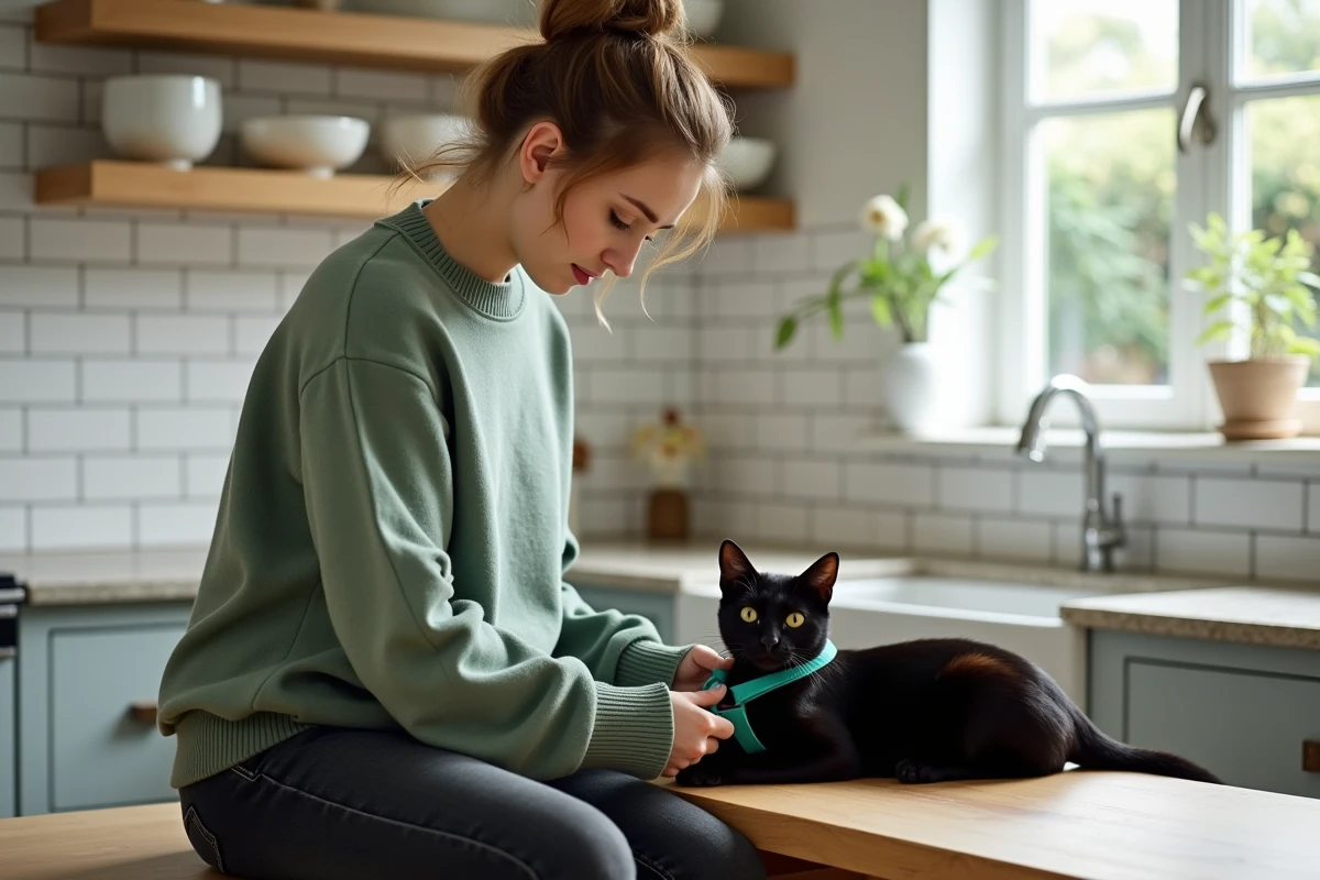 Jeune femme attachant avec soin un harnais turquoise sur un chat noir légèrement stressé dans une cuisine lumineuse