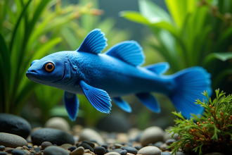 Axolotl bleu nageant dans un aquarium lumineux avec plantes