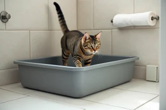 Bac à litière en plastique solide gris avec un chat tigré entrant dedans, posé sur un carrelage blanc de salle de bain