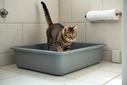 Bac à litière en plastique solide gris avec un chat tigré entrant dedans, posé sur un carrelage blanc de salle de bain