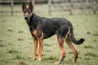 Beauceron adulte en position alerte dans un pré, montrant clairement ses ergots doubles caractéristiques sur les pattes arrière