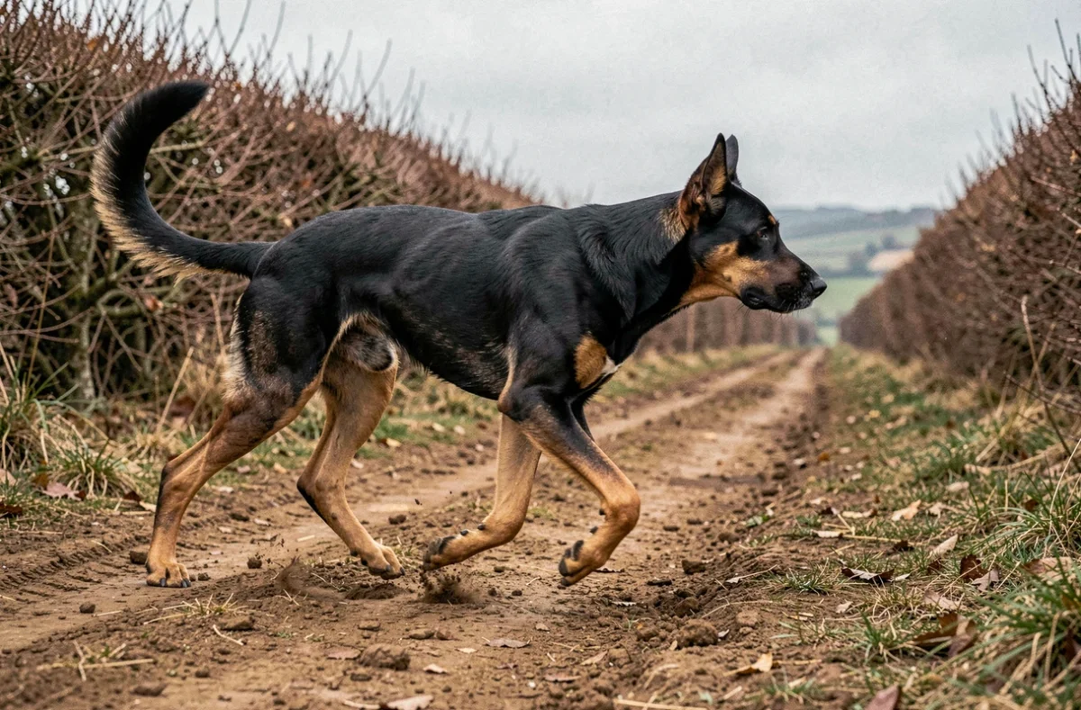 Beauceron femelle en mouvement sur un sentier de campagne, illustrant le rôle fonctionnel des ergots doubles lors du déplacement