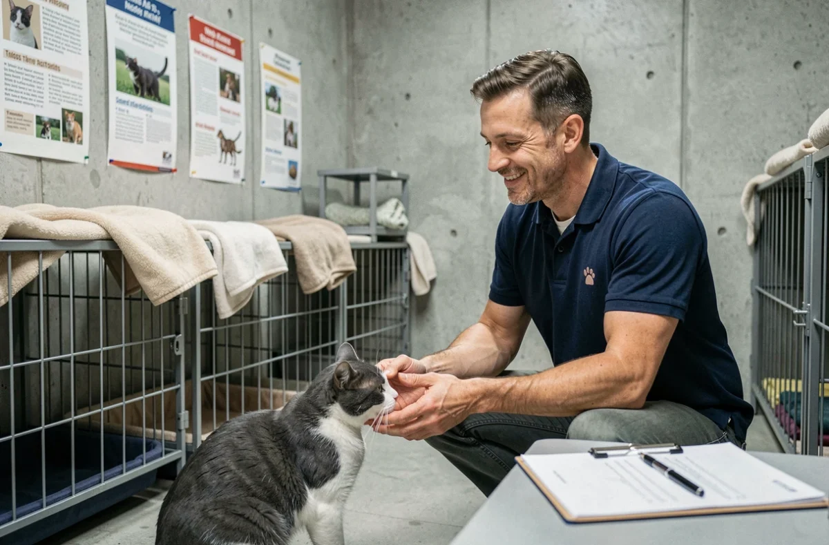 Bénévole d'un refuge animalier accueillant un chat gris dans un espace de soins propre et organisé