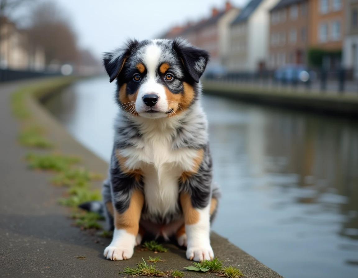 Chiot Berger australien merle bleu aux yeux vairons assis au bord d'un canal à Aulnay-sous-Bois