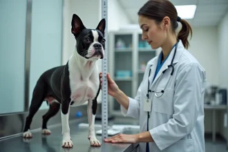 Boston Terrier adulte mesuré par une vétérinaire lors d'un contrôle de croissance en clinique