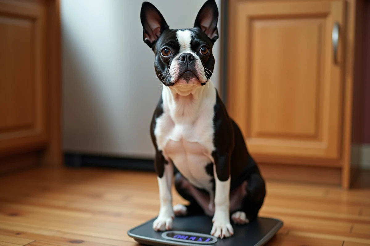 Boston Terrier adulte pesé sur une balance numérique dans une cuisine familiale