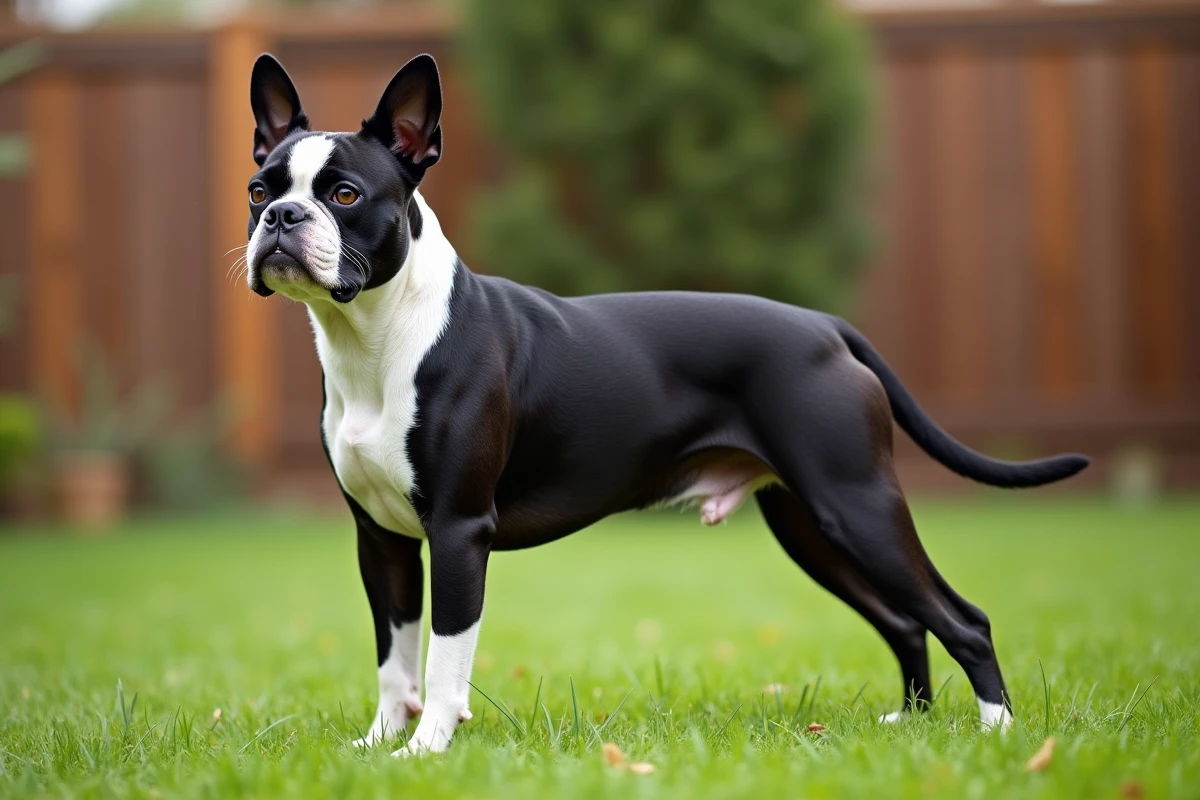 Boston Terrier adulte en pleine forme photographié de profil dans un jardin pour illustrer sa morphologie et sa taille
