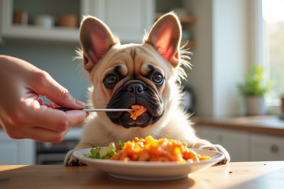 Bouledogue français nourri à la main dans une cuisine lumineuse