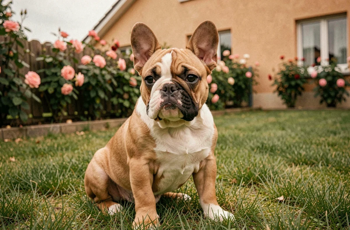 Chiot Bouledogue français fauve aux oreilles de chauve-souris dans un jardin pavillonnaire à Montfermeil