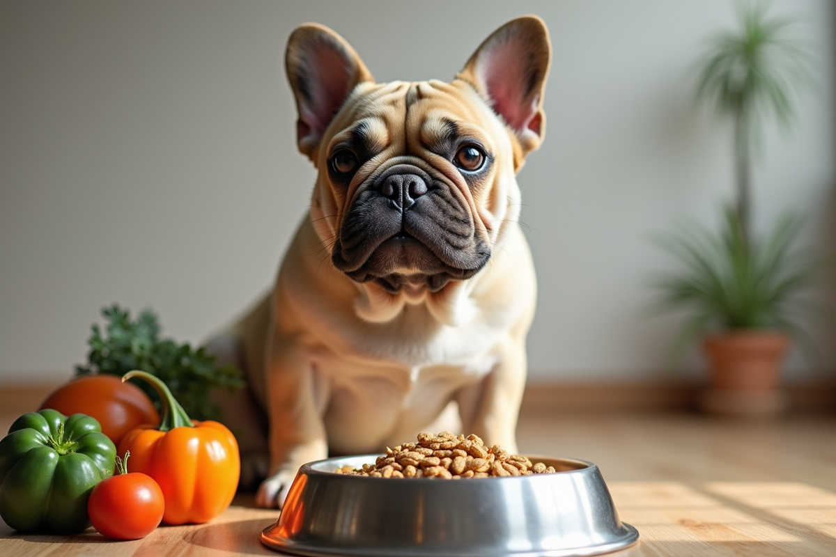 Bouledogue français avec bol de légumes frais