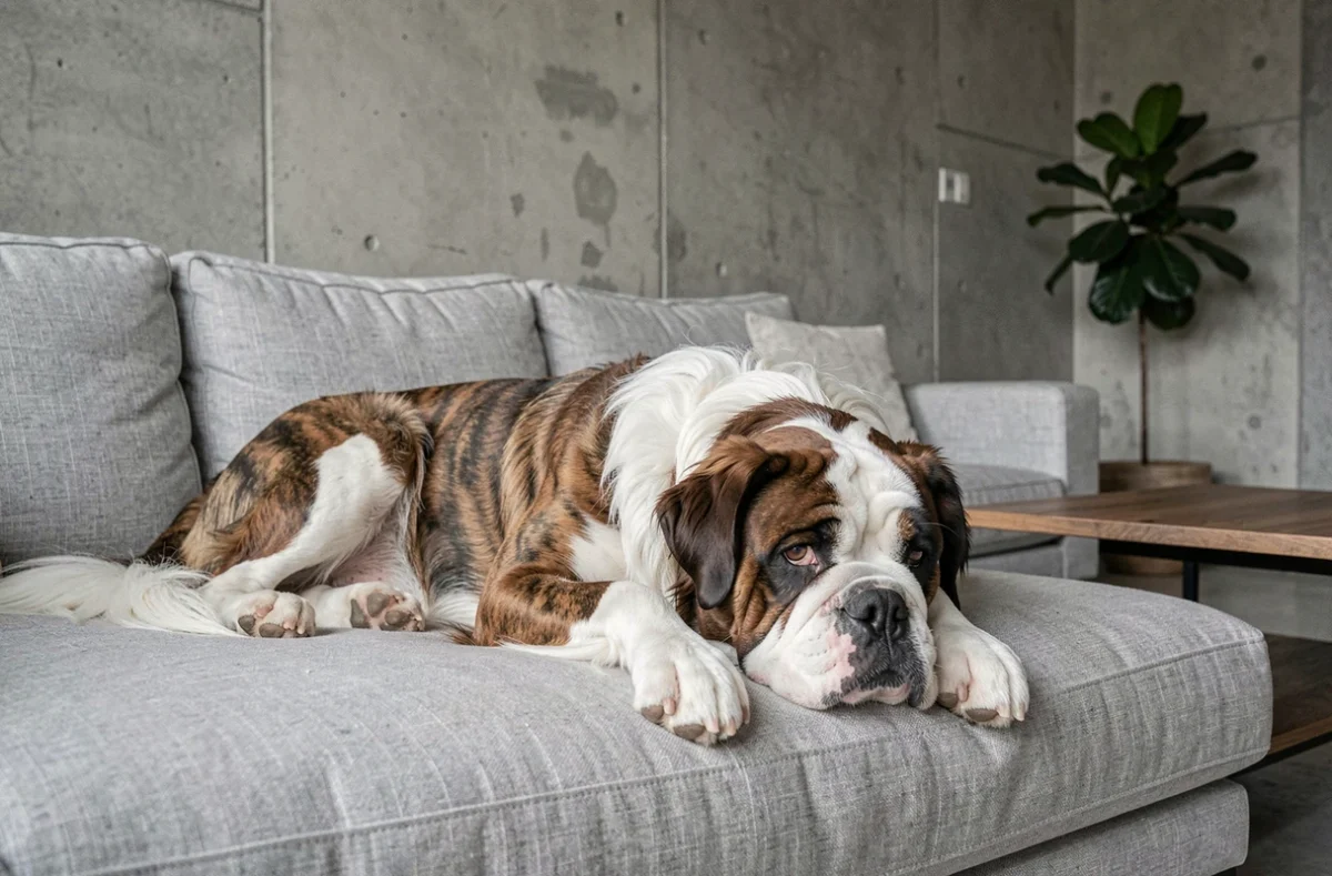 Bouledogue à poils longs adulte allongé sur un canapé en lin gris dans un appartement moderne et minimaliste