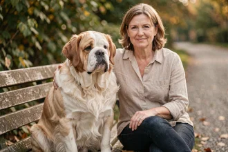 Femme adulte assise sur un banc en bois avec un bouledogue à poils longs au pelage crème, dans un parc automnal