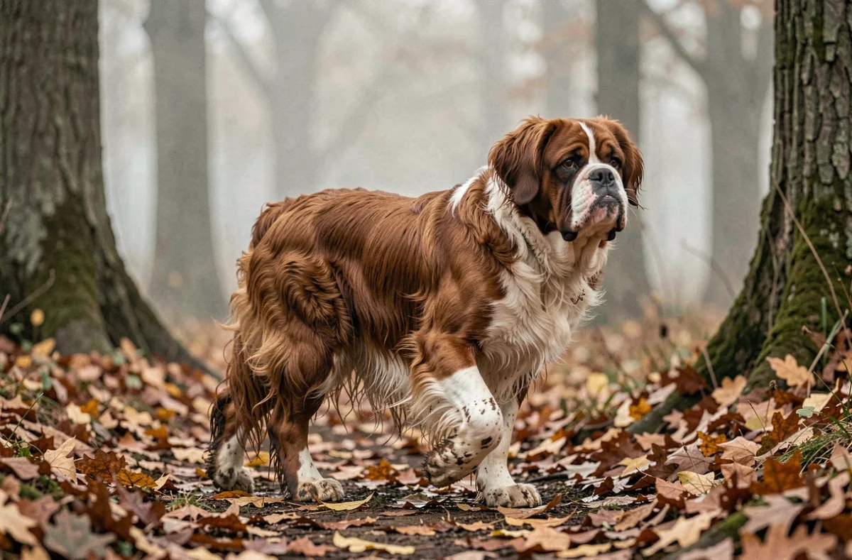 Bouledogue à poils longs adulte trottant sur un chemin forestier couvert de feuilles d'automne, pelage fluide et expression alerte