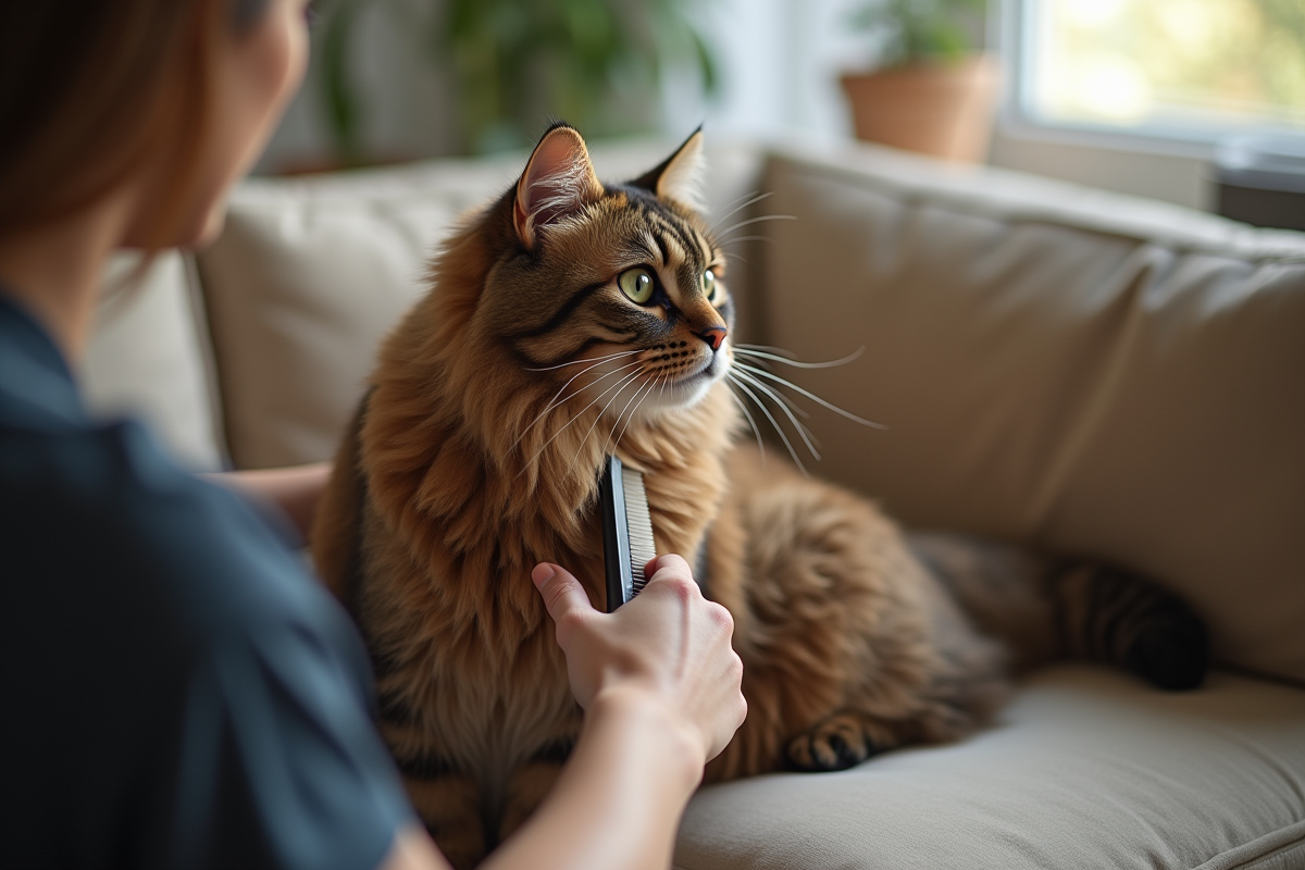 Chat british shorthair brossé doucement dans un salon cosy