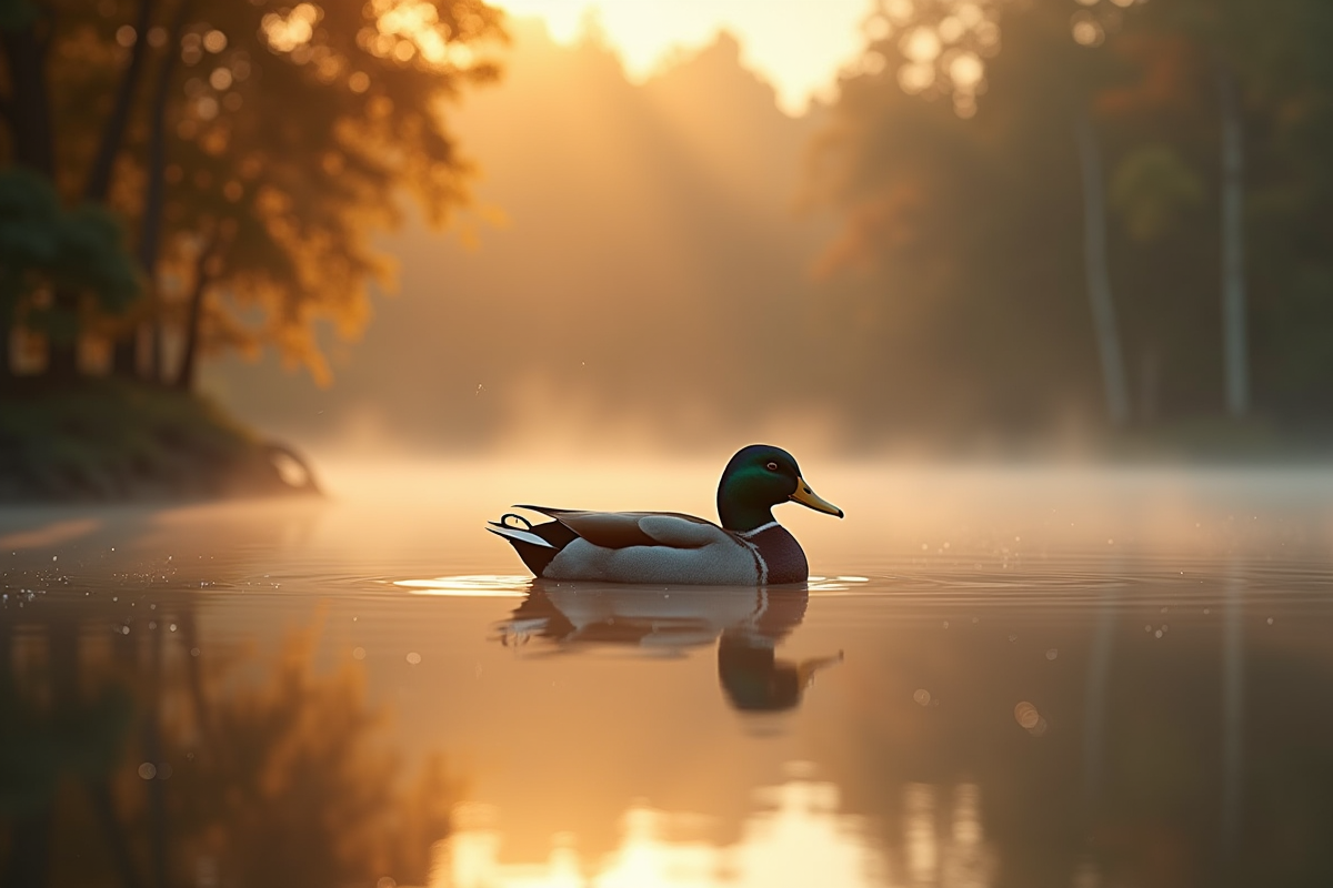 Canard sauvage nageant sur un étang au lever du soleil