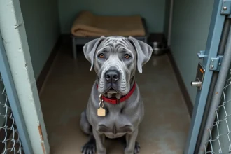 Cane Corso bleu adulte assis dans un box de refuge animalier, regardant l'objectif avec une expression calme et attentive