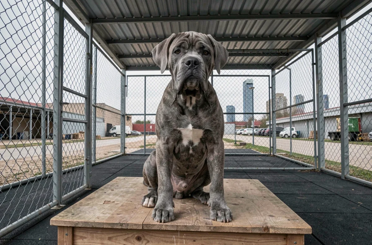 Chiot Cane Corso bringé à la carrure imposante dans le chenil des Molosses de Pantin