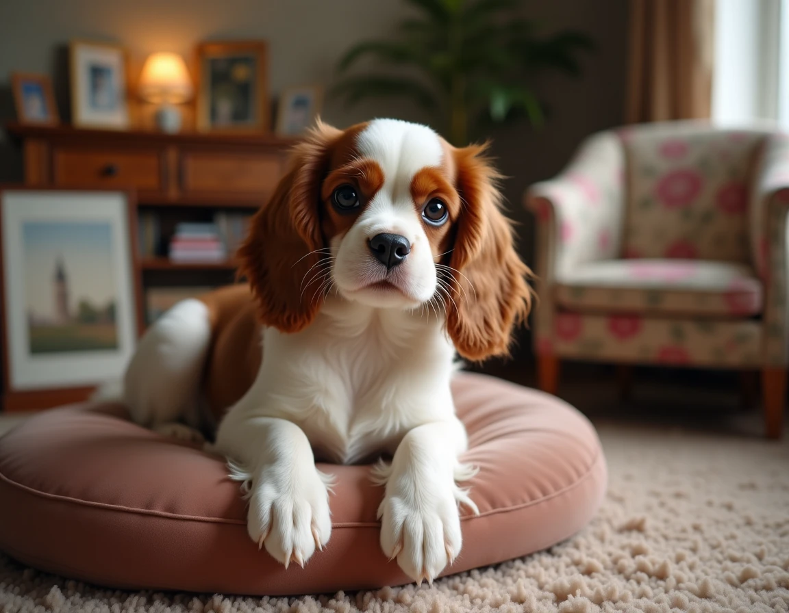 Chiot Cavalier King Charles Spaniel Blenheim aux grandes oreilles soyeuses sur un coussin en velours à Livry-Gargan