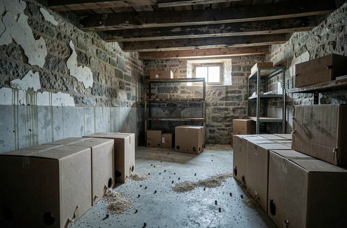 Cave de stockage avec traces de rongeurs sur cartons, crottes et marques de frottement sur les murs