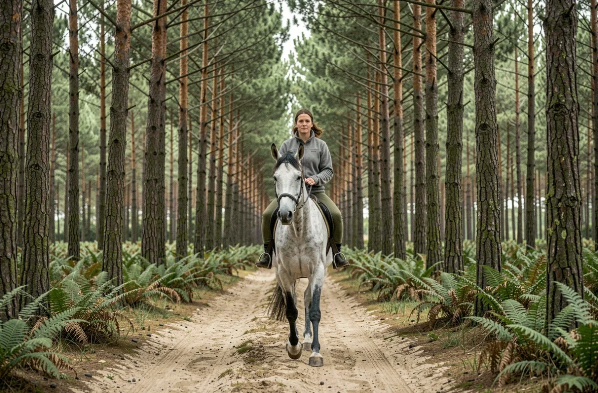 Cavalière en train de trotter en forêt de pins au Centre Équestre de Mios dans les Landes de Gascogne