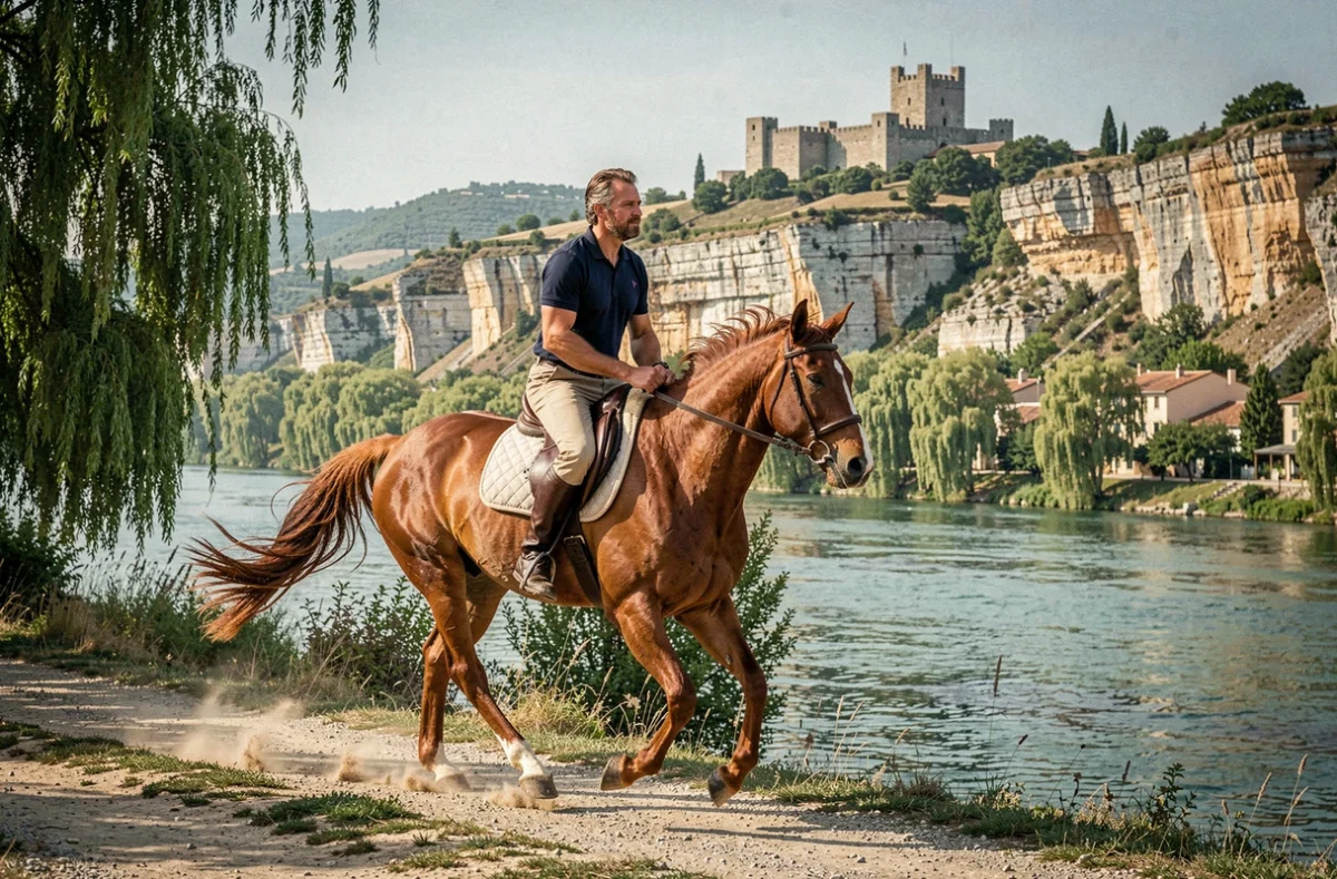 Cavalier au galop le long de la Garonne avec le château de Langoiran en arrière-plan au Centre Équestre de Langoiran