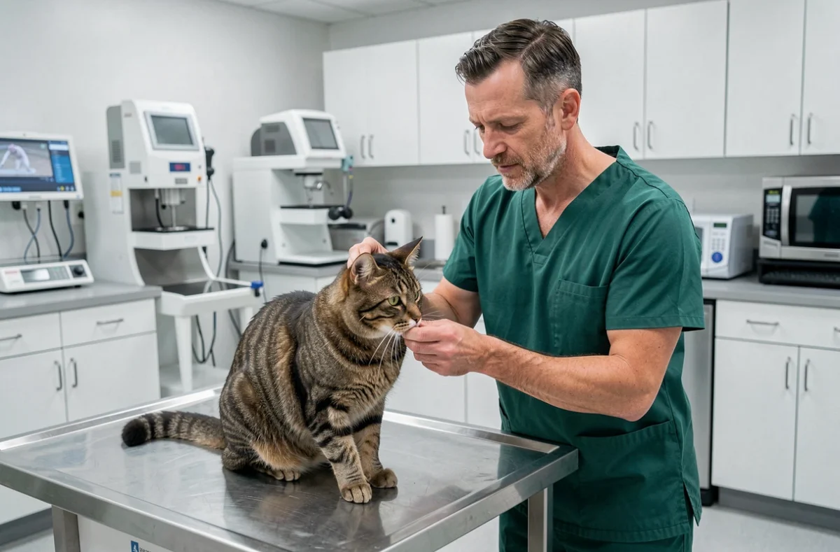 Vétérinaire du Centre Hospitalier Vétérinaire Atlantia examinant un chat sur une table d'examen en acier inoxydable
