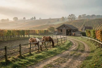 Paysage équestre en Gironde avec chevaux au pré et vignobles en arrière-plan, illustrant le top 10 des centres équestres de la région
