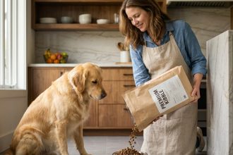 Femme versant des nouvelles croquettes dans la gamelle d'un golden retriever dans une cuisine moderne