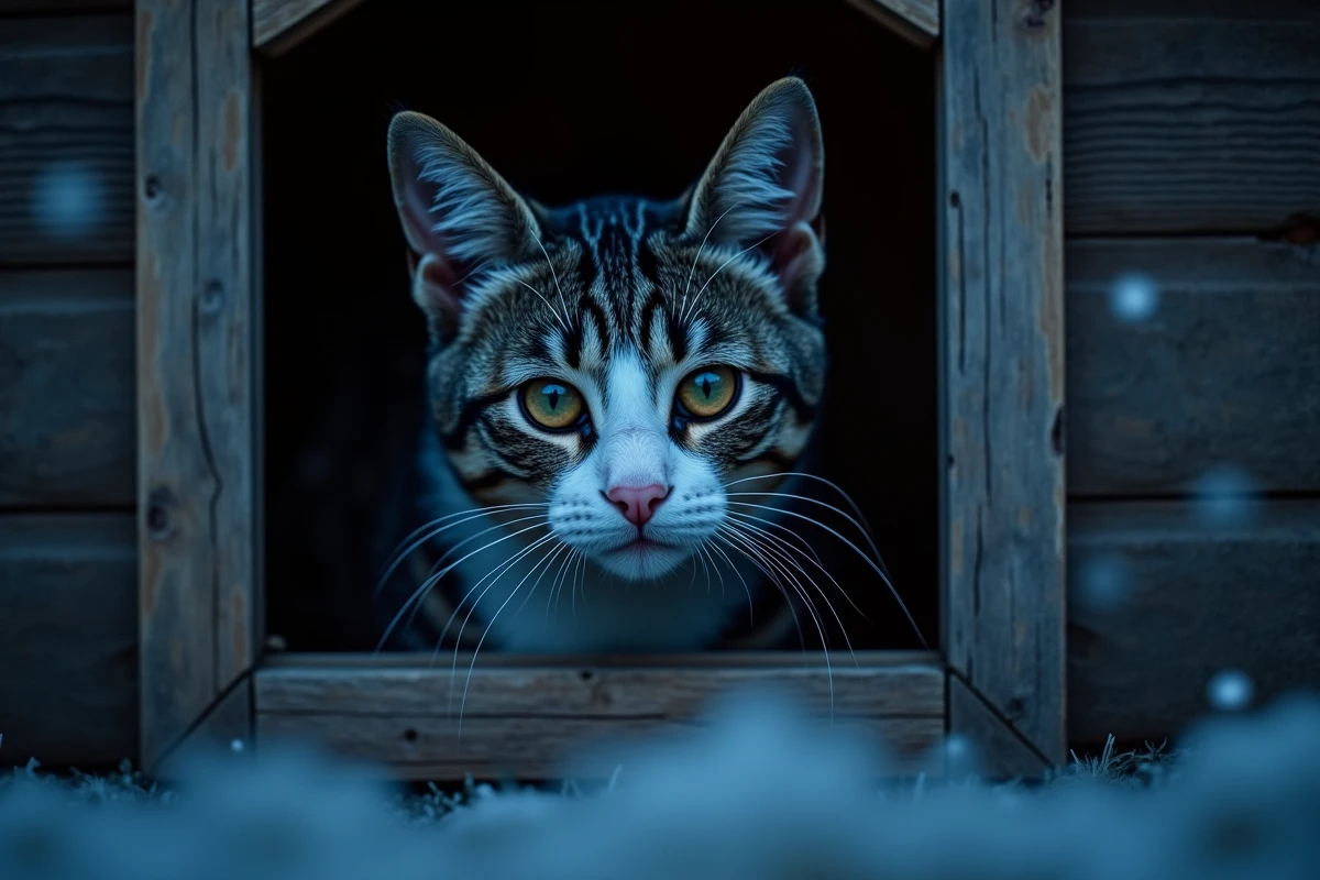 Chat gris et blanc sortant la tête d'un abri extérieur isolé par une nuit froide