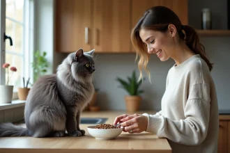 Chat angora gris en cuisine avec une femme qui donne à manger