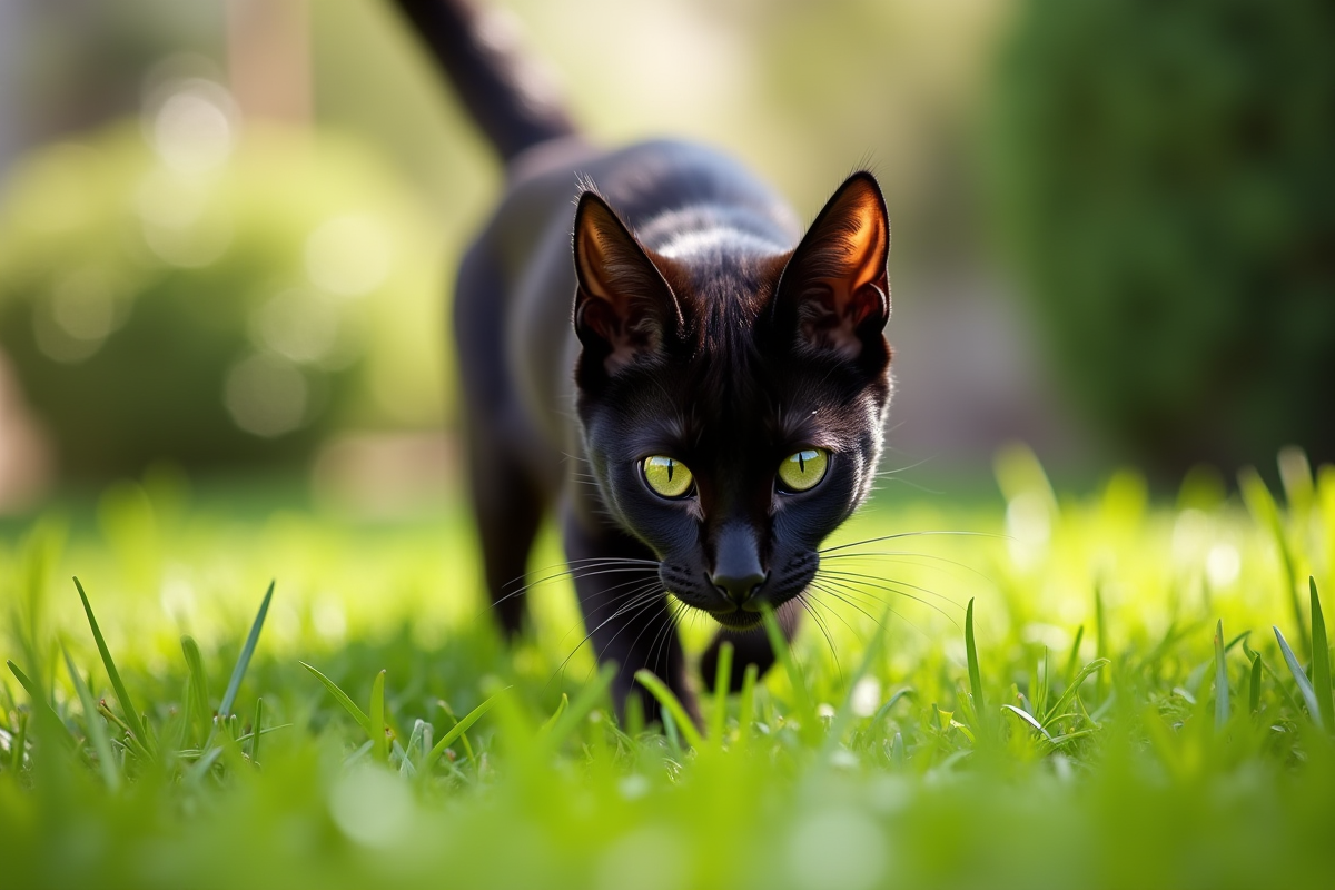 Chat Bengal noir explorant un jardin vert en plein jour