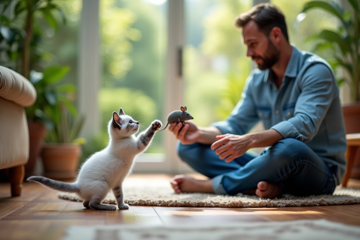 Jeune chat sacré de Birmanie jouant avec un homme