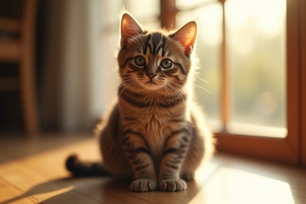 Chat british shorthair brun sur un sol en bois en lumière naturelle
