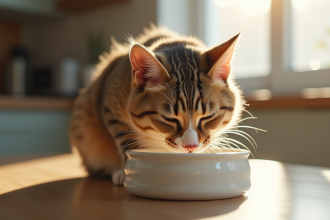 Chat domestique buvant dans un bol en céramique en cuisine lumineuse