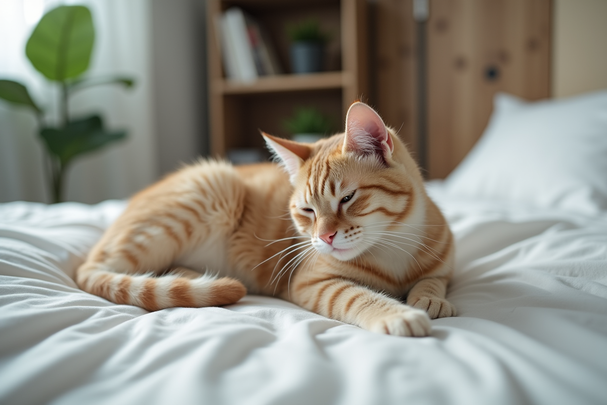 Chat domestique se toilettant sur un lit propre