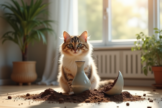 Chat domestique sur un vase cassé dans un salon lumineux