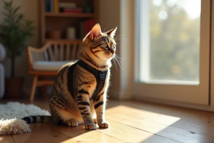 Chat tigré portant un harnais anti-évasion bien ajusté, assis calmement près d'une fenêtre dans un salon chaleureux