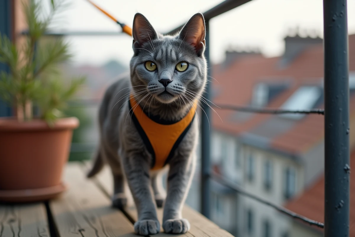 Chat gris senior avec harnais anti-évasion et laisse sur un balcon en bois, exploration sécurisée en extérieur urbain
