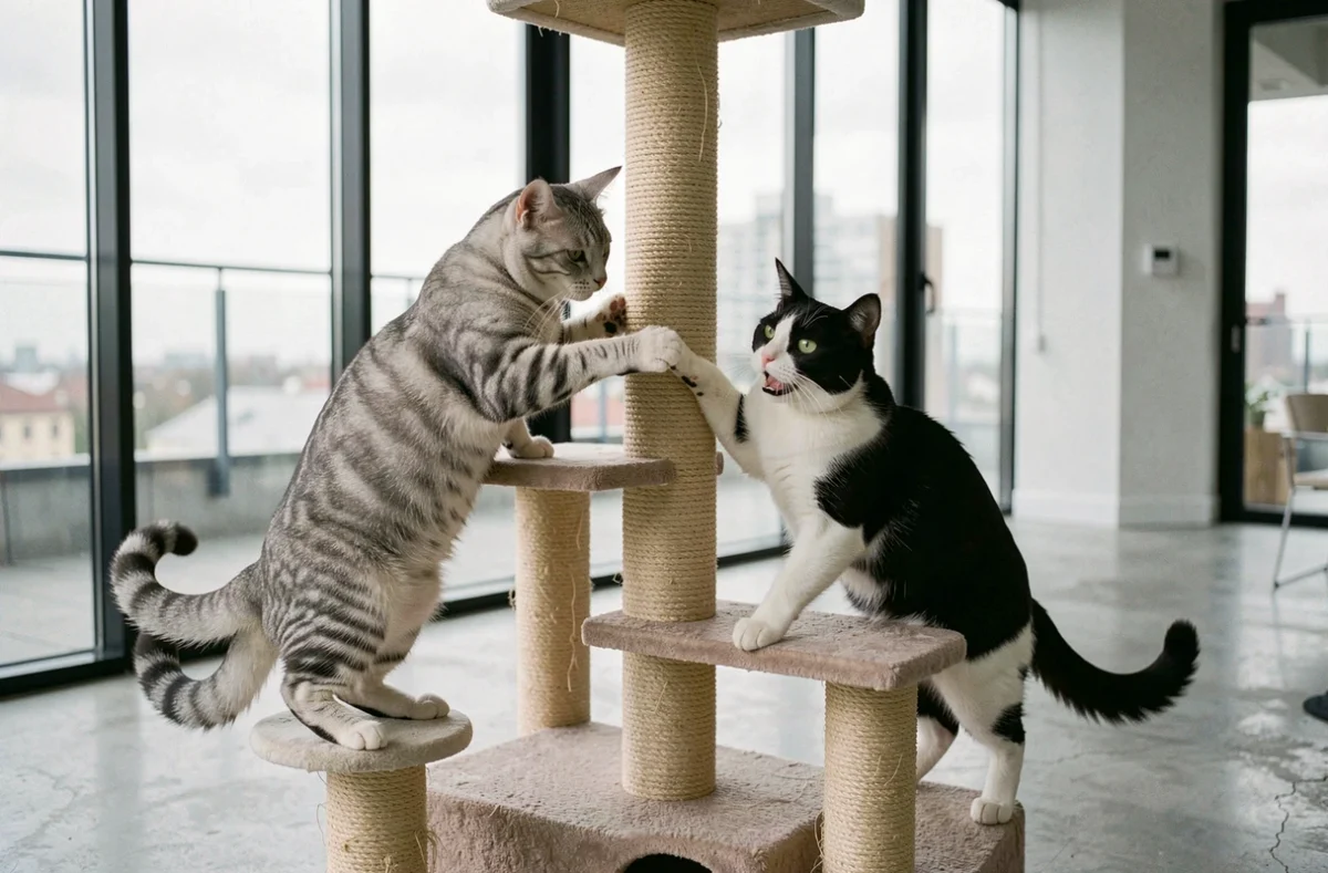 Deux chats Highlander jouant ensemble sur un arbre à chat en sisal dans un appartement moderne, montrant leur caractère joueur et leurs relations sociales entre congénères