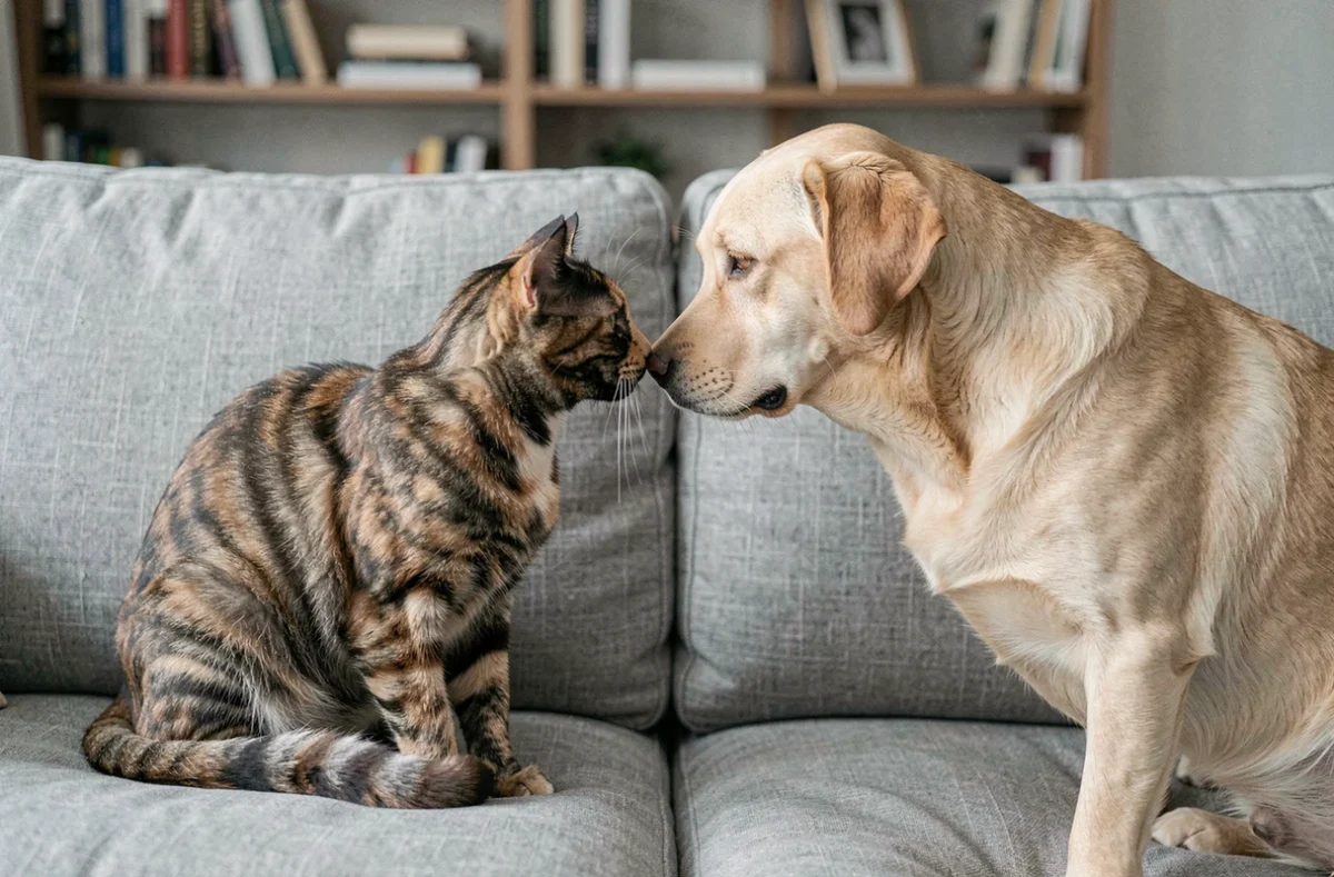Chat Highlander en interaction amicale avec un labrador doré sur un canapé en lin gris, illustrant la sociabilité du chat Highlander avec les autres animaux
