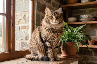 Chat Highlander aux oreilles touffues assis sur un rebord de fenêtre en bois dans une maison de campagne, regardant l'extérieur avec des yeux ambres expressifs