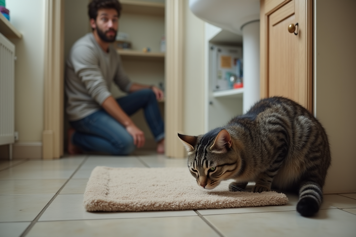 Chat gris en train d’uriner sur un tapis de bain dans la salle de bain